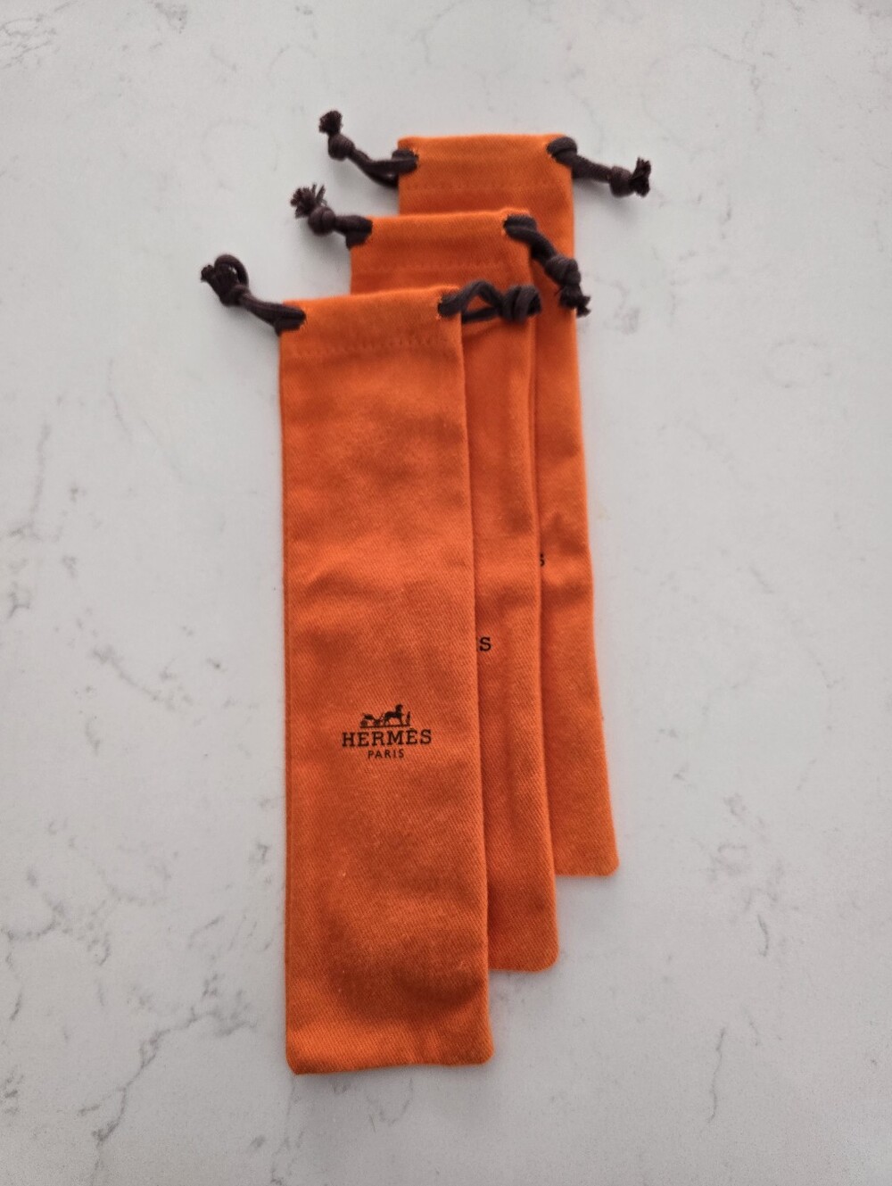 Hermes Orange Velvet Drawstring Pouches with Brown Ties (Set of 3)